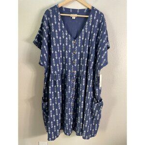 NEW Peyton & Parker Womens 3X Blue Ikat Print Linen Rayon Button Down Dress